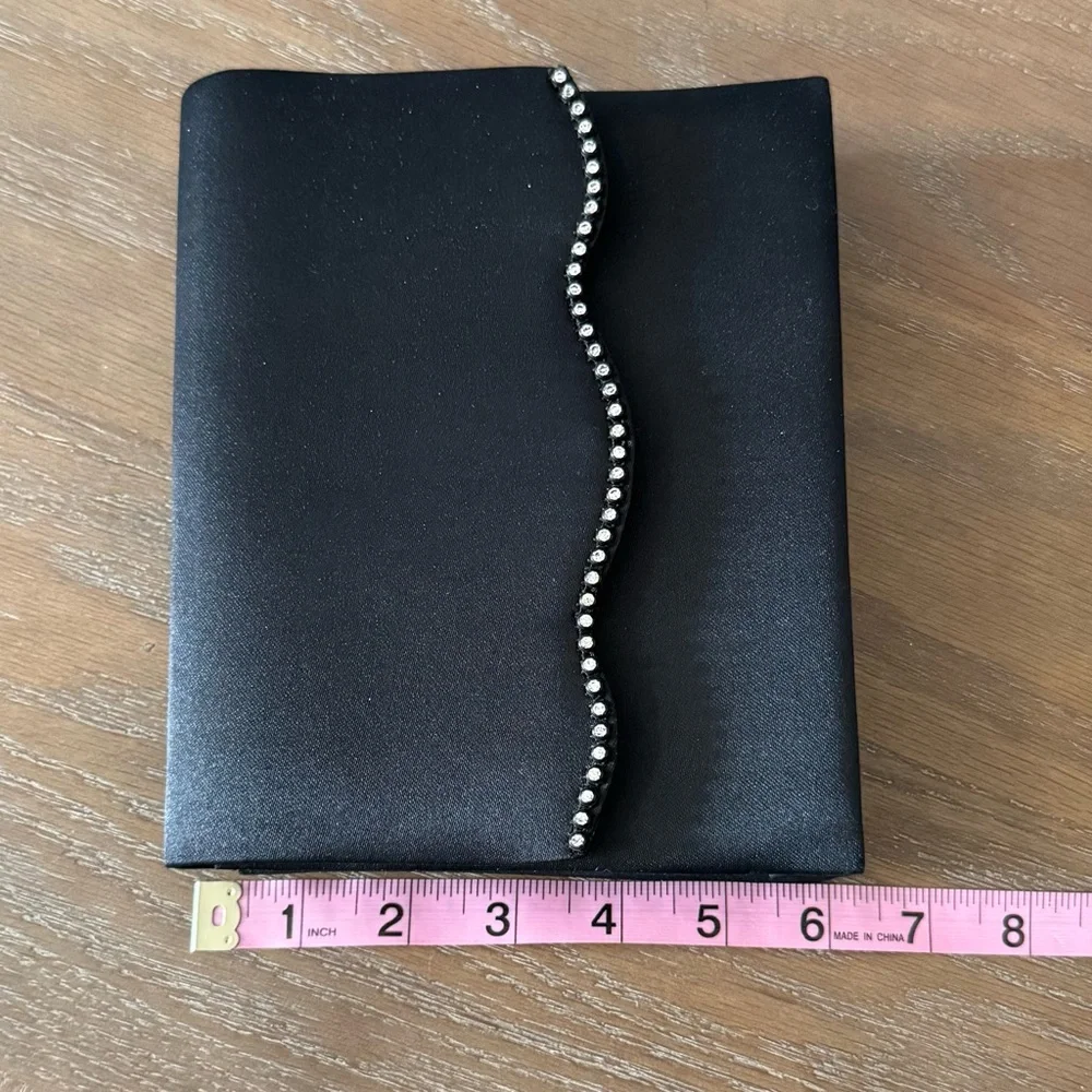 Black satin evening clutch or crossbody scalloped flap rhinestone trim 7.5”